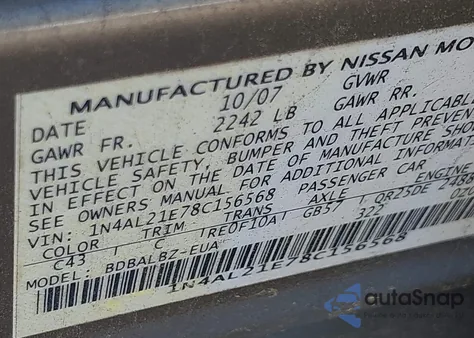 2008 Nissan Altima 2.5 S from USA, damaged, VIN 1N4AL21E78C156568